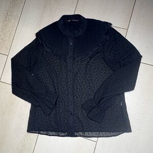 Zara Black Sheer Pleated, Lace Button Up Blouse with Ruffled Collar Size Small
